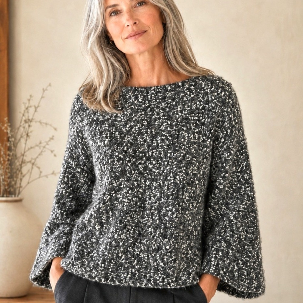 Eileen Fisher Womens L Wool Mohair Textured Boucle Knit Sweater Grey Crew Neck